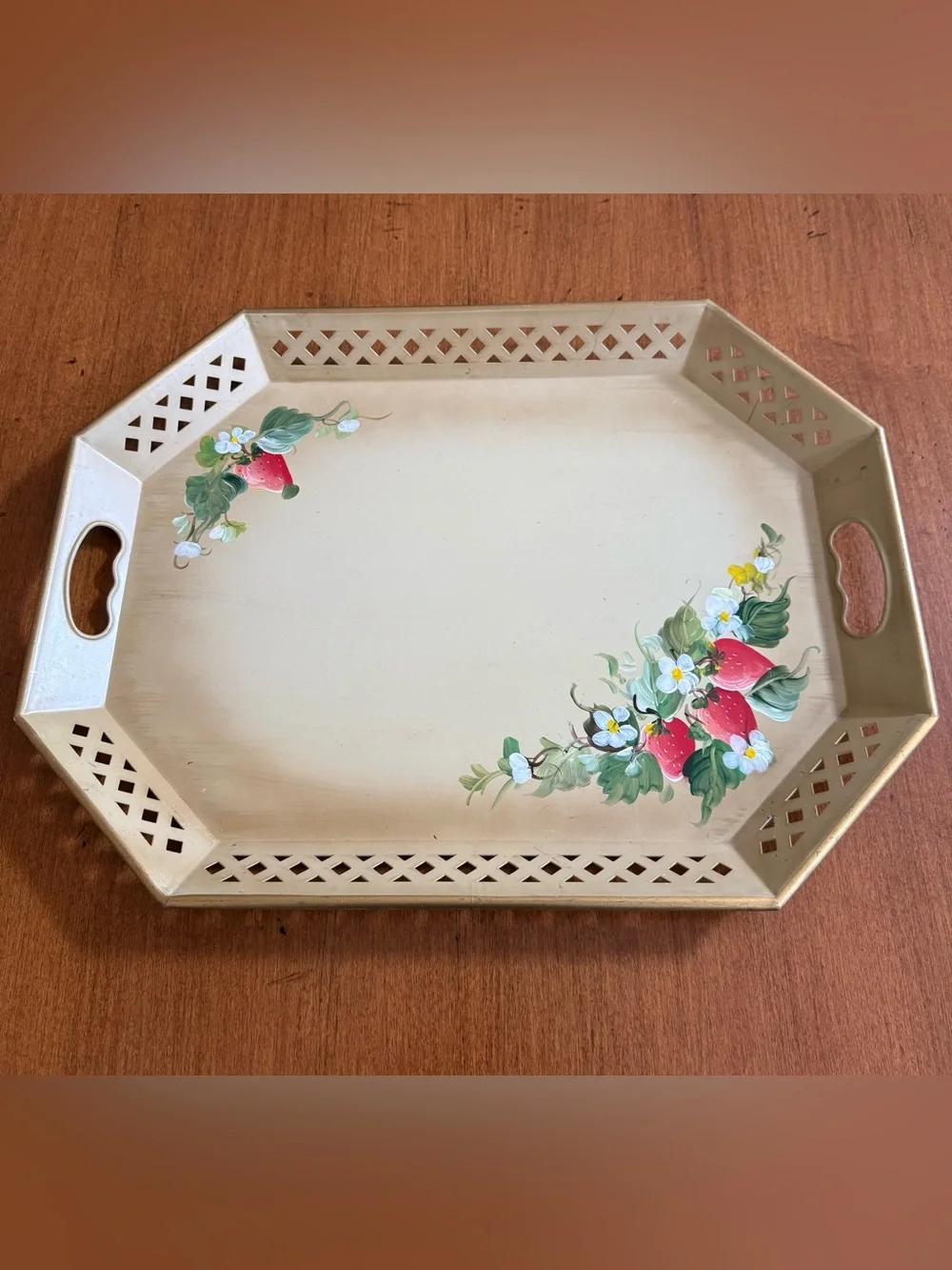 Vintage Nashco Tolware Metal Hand Painted Serving Tray with Strawberry Motif